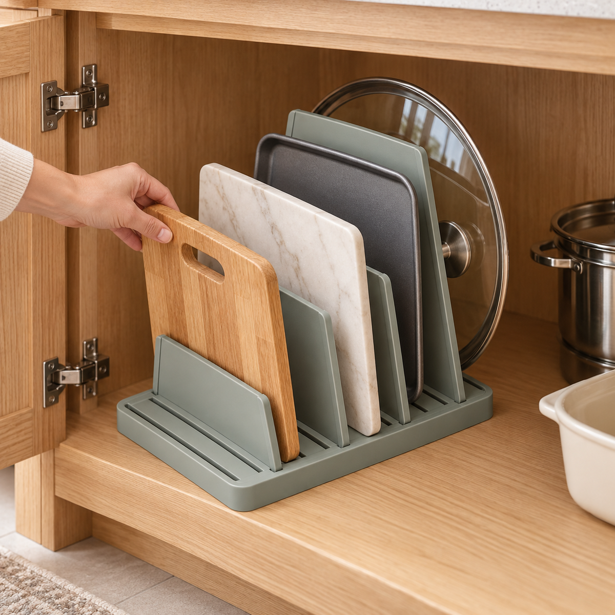Adjustable Cabinet Organizer for Boards and Lids